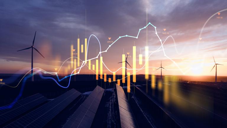 a market price line chart against a background of wind turbines