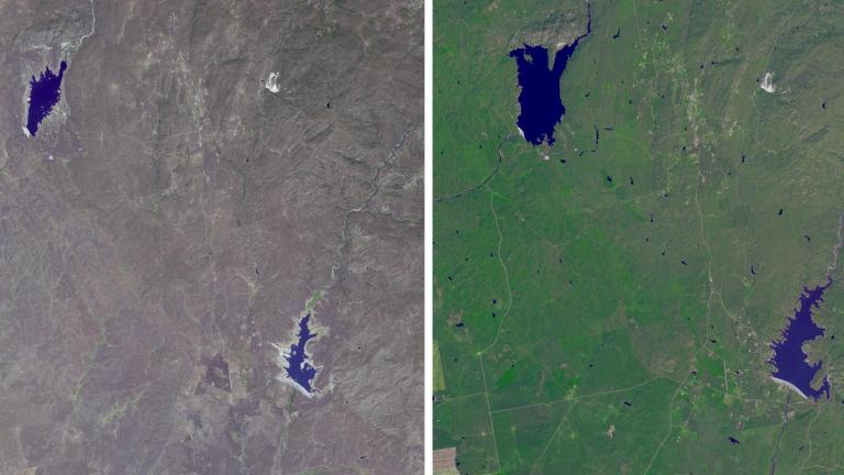 The effects of California’s severe multiyear drought are seen in this pair of images acquired by NASA Terra spacecraft of the area northeast of Madera, in the Sierra Nevada Mountains foothills between Yosemite National Park and the San Joaquin Valley, taken in 2011 (right) and 2014.