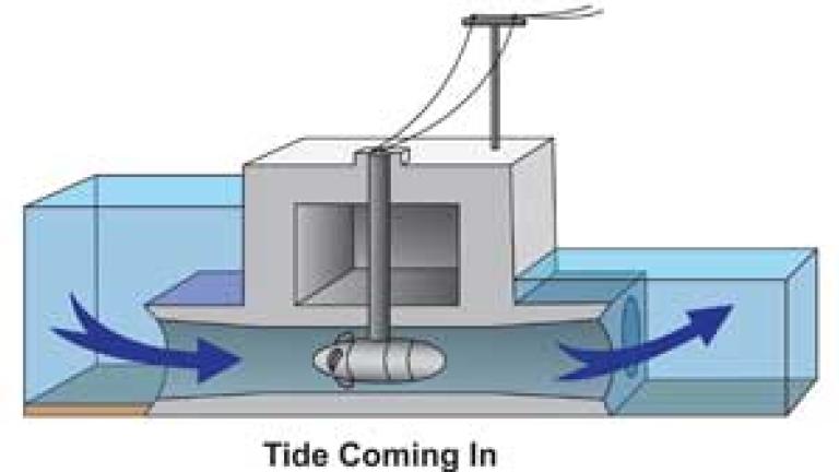 Diagram of tidal power generating turbine.