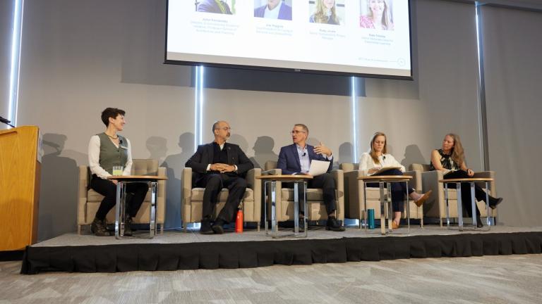 A panel at the 2023 Sustainability Connect event featured Director of Sustainability Julie Newman (left), who served as moderator, and panelists (left to right) John Fernández, director of Environmental Solutions Initiative and professor of architecture; Joe Higgins, vice president for campus services and stewardship; Susy Jones, senior sustainability project manager; and Kate Trimble, senior associate dean for experiential learning.