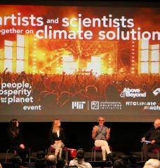 The Artists and Scientists Together on Climate Solutions event included, from left to right: Anna Johnson, Sustainability and Environment Officer at Involved Group; Dr. Dava Newman, the director of the MIT Media Lab; Tony McGuinness of GRAMMY-nominated electronic group Above & Beyond; and moderator John E. Fernández, director of MIT’s Environmental Solutions Initiative.