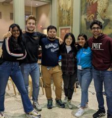 Some of the IDSS students who organized the MIT Policy Hackathon are (from left to right): Deepika Raman, Adrien Concordel, Jorge Sandoval, Aurora Zhang, Pragya Neupane, and Nirmal Bhatt.