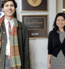 MIT students Rohil Verma, Martin Wolf, Bianca Lepe, and Jordan Harrod prepare for a meeting with the office of Senator Elizabeth Warren