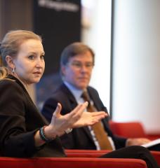 Vice Provost Anne White (left) presented a keynote on the role of the research university before joining MITEI Interim Director Robert Stoner to address audience questions.