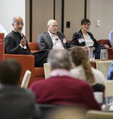 Panel discussion on structural change in higher education, moderated by MIT’s John Fernández (left), with leaders from Harvard, Duke, and Brown universities.