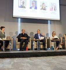 A panel at the 2023 Sustainability Connect event featured Director of Sustainability Julie Newman (left), who served as moderator, and panelists (left to right) John Fernández, director of Environmental Solutions Initiative and professor of architecture; Joe Higgins, vice president for campus services and stewardship; Susy Jones, senior sustainability project manager; and Kate Trimble, senior associate dean for experiential learning.