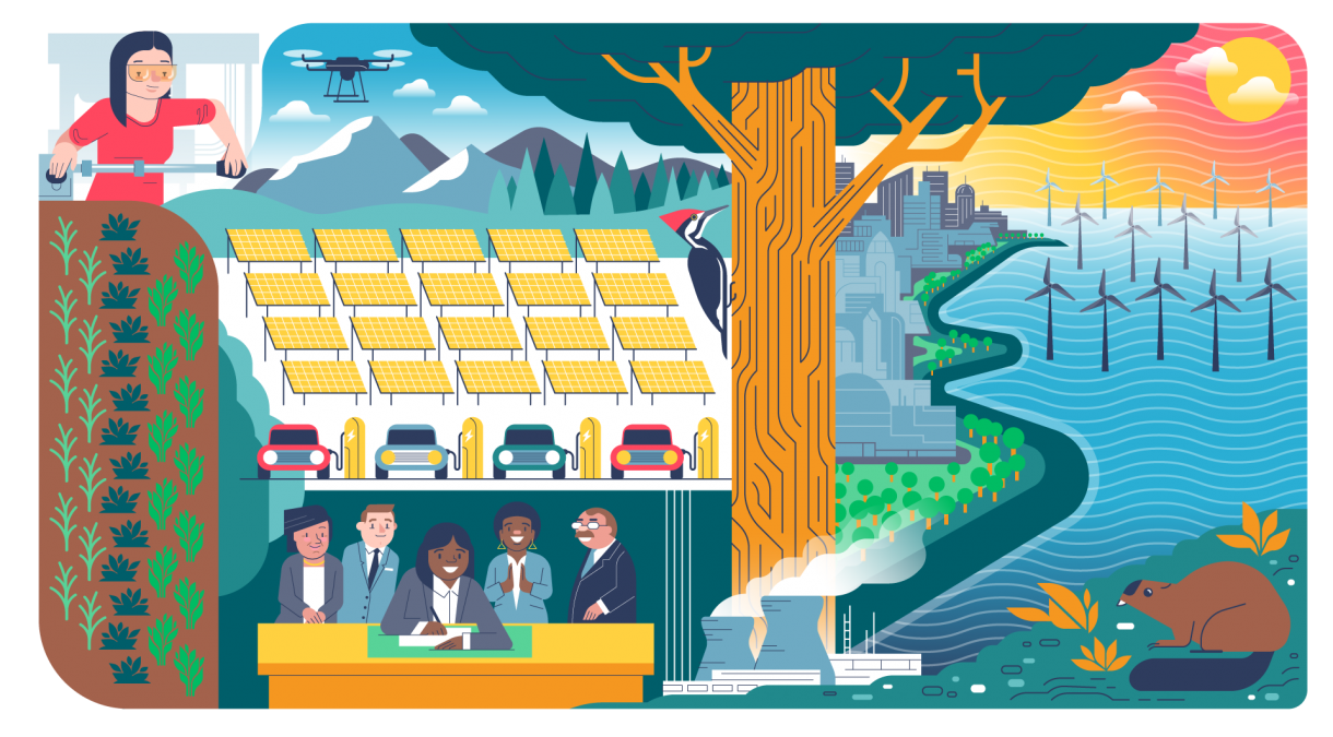 An illustration of various actions we can take to slow climate change and its impacts